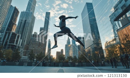 A person jumping in an urban landscape at sunset. A person jumping in an urban landscape at sunset. 121313130