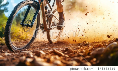 Mountain biker kicking up dust on a trail. Mountain biker kicking up dust on a trail. 121313135