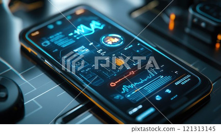 Futuristic smartphone displaying data analytics interface. 121313145