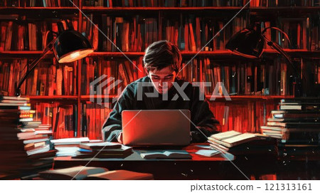 Person working on a laptop in a library setting. Person working on a laptop in a library setting. 121313161
