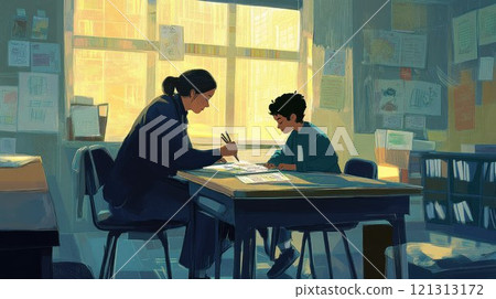 A mentor guides a child in a learning environment. A mentor guides a child in a learning environment. 121313172