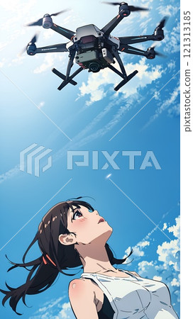 A woman looking up at a drone floating in the sky 121313185