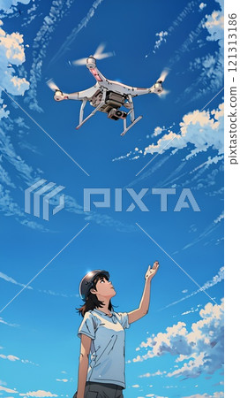 A woman looking up at a drone floating in the sky 121313186