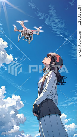 A woman looking up at a drone floating in the sky 121313187