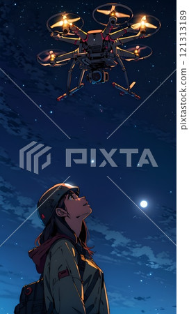 A woman looking up at a drone floating in the sky 121313189