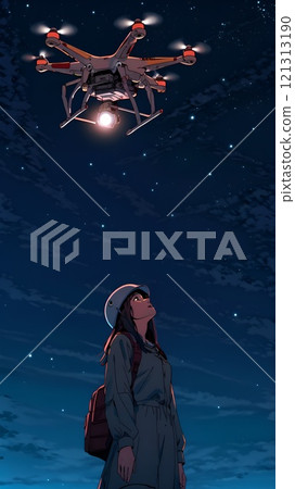 A woman looking up at a drone floating in the sky 121313190