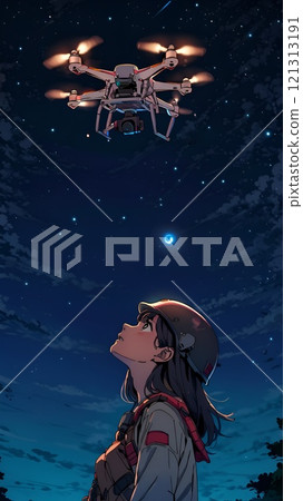 A woman looking up at a drone floating in the sky 121313191