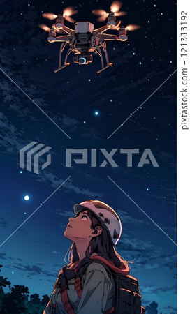 一位女士抬頭看著天空中漂浮的無人機 121313192