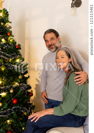 Smiling mature couple enjoying holiday season by decorated Christmas tree at home Smiling mature couple enjoying holiday season by decorated Christmas tree at home 121313461