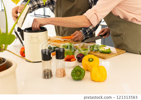 Preparing fresh vegetables, mature couple cooking together in modern kitchen, at home 121313563