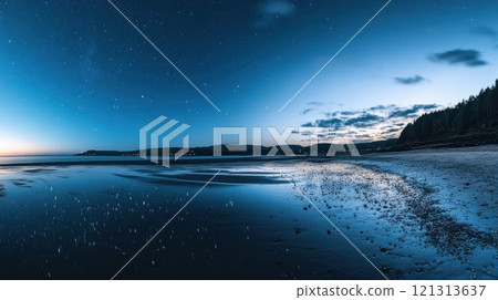 Serene twilight beach landscape with calm waters. 121313637