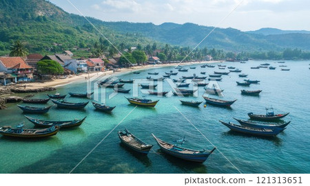 Scenic coastal view with fishing boats at anchor. 121313651