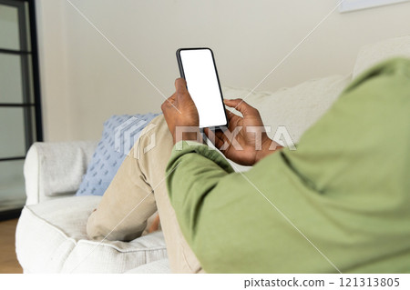 Relaxing at home, African American man using smartphone on cozy couch, copy space Relaxing at home, African American man using smartphone on cozy couch, copy space 121313805