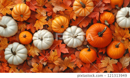 Cozy Autumn Scene with Pumpkins and Fall Leaves, perfect for seasonal decorations, invitations, and greeting cards Generative AI 121313949