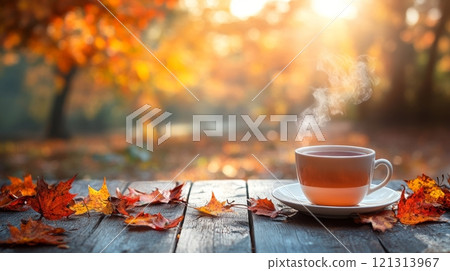 Cozy Autumnal Setting with Steaming Tea and Fall Leaves, perfect for seasonal promotions, hospitality, and food industry advertising Generative AI 121313967