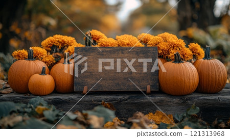 Cozy Autumn Decor with Pumpkins and Wooden Sign, ideal for personalized text, perfect for fall season home decoration or seasonal greeting cards Generative AI 121313968