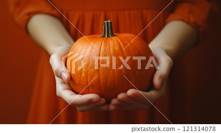 Close-up of Hands Holding a Pumpkin on a Pastel Orange Background, perfect for autumn or thanksgiving themed designs Generative AI 121314078