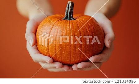 Close-up of Hands Holding a Pumpkin on a Pastel Orange Background, perfect for autumn or thanksgiving themed designs Generative AI 121314080