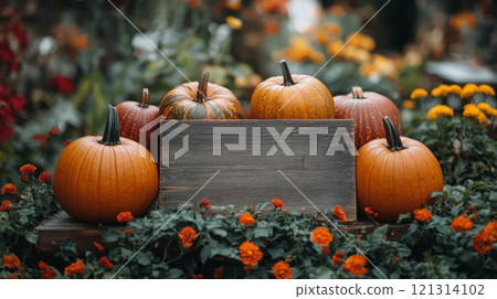 Cozy Fall Decor with Pumpkins and Wooden Sign, Perfect for Personalized Autumnal Displays Generative AI 121314102