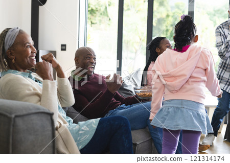 Excited african american parents, son, daughter and grandparents watching sport on tv, slow motion Excited african american parents, son, daughter and grandparents watching sport on tv, slow motion 121314174