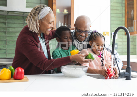 Happy african american grandparents and grandchildren washing vegetables in kitchen, slow motion Happy african american grandparents and grandchildren washing vegetables in kitchen, slow motion 121314239