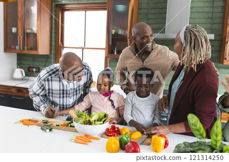 Happy african american multi generation family chopping vegetables in kitchen, slow motion 121314250