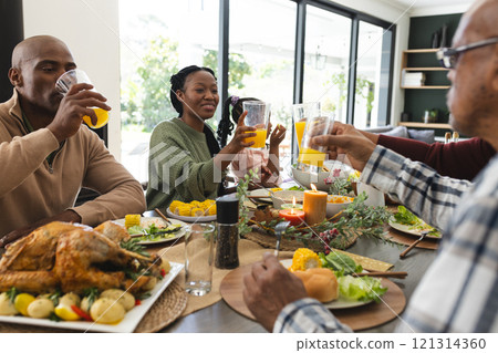 Happy african american multi generation family making a toast at thanksgiving dinner 121314360