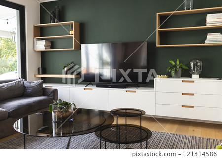 General view of living room with furniture and tv screen General view of living room with furniture and tv screen 121314586