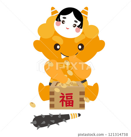 戴著 Otafuku 面具、吃 fukumame 的黃色惡魔的向量圖 121314738