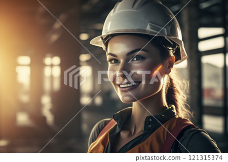 Female construction site engineer in helmet created with Ai generative tools 121315374