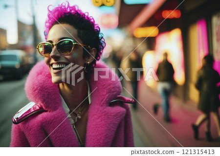 Portrait of smiling non-binary person on bright background created with ai generative tools. 121315413