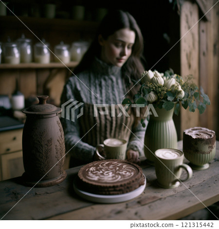 Organic farm products on ancient old wooden table in forest house created with generative ai tools. 121315442