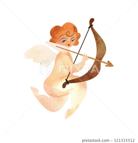 Cupid or Amor, the Greek god of love holding a bow and arrow. Golden-haired baby with wings. Character. Isolated watercolor illustration for valentine. Clipart. Cupid or Amor, the Greek god of love holding a bow and arrow. Golden-haired baby with wings. Character. Isolated watercolor illustration for valentine. Clipart. 121315512