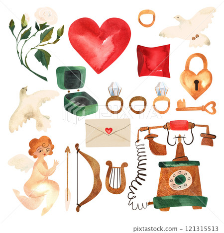 Valentine's day clip art set in vintage style. Cupid, doves, letters, heart, antique telephone, rings, ring box and pillow, white rose, key and heart-shaped lock. Isolated watercolor illustration. 121315513