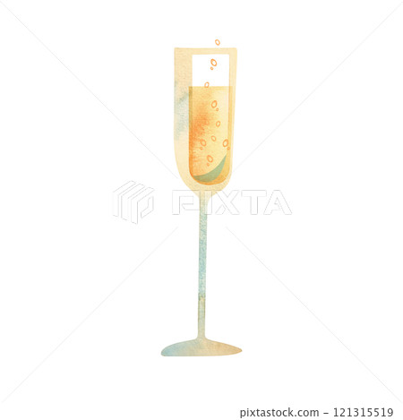 Tall glass full of sparkling white wine. Champagne. Alcoholic drink for celebration. Winemaking. Isolated watercolor illustration 121315519