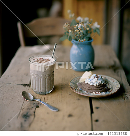 Organic farm products on ancient old wooden table in forest house created with generative ai tools. 121315588
