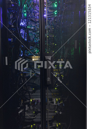 Close up view of wire connections in a modern computer server 121315834
