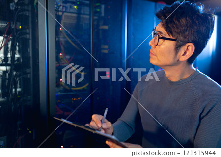 Asian male engineer writing on clipboard while inspecting in computer server room 121315944