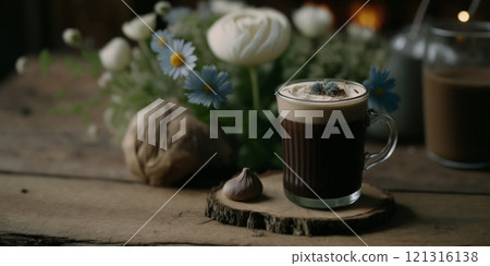 Organic farm products on ancient old wooden table in forest house created with generative ai tools. 121316138