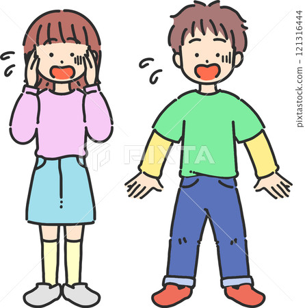 Cute line drawing illustration of a surprised boy and girl 121316444
