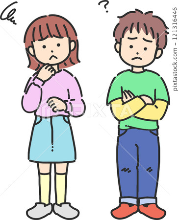 陷入困境的男孩和女孩的可愛線條畫插圖 121316446