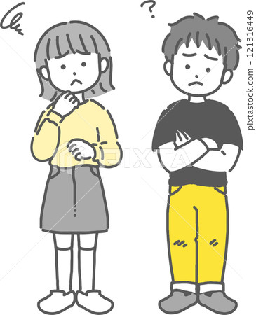Cute line drawing illustration of a boy and girl in trouble 121316449