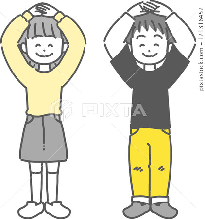 Cute line drawing illustration of a boy and girl making an OK sign with their hands 121316452