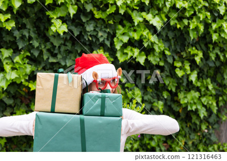 Festive woman in Santa hat carrying stack of Christmas gifts outdoors, copy space Festive woman in Santa hat carrying stack of Christmas gifts outdoors, copy space 121316463