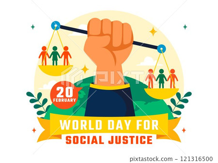 World Day of Social Justice Vector Illustration Featuring Scales and a Gavel Representing Justice, Equality, and Protection Against Injustice 121316500