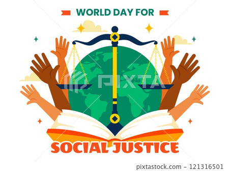 World Day of Social Justice Vector Illustration Featuring Scales and a Gavel Representing Justice, Equality, and Protection Against Injustice 121316501