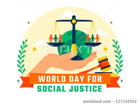 World Day of Social Justice Vector Illustration Featuring Scales and a Gavel Representing Justice, Equality, and Protection Against Injustice 121316502