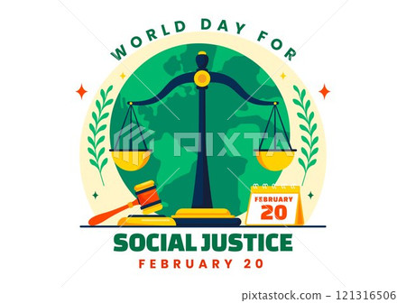 World Day of Social Justice Vector Illustration Featuring Scales and a Gavel Representing Justice, Equality, and Protection Against Injustice 121316506