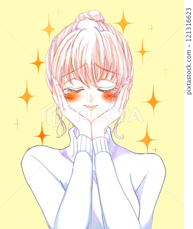 Woman crying with joy, hands on face, biting, smiling 121316623