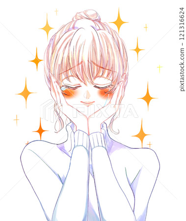 Woman crying with joy, hands on face, biting, smiling 121316624